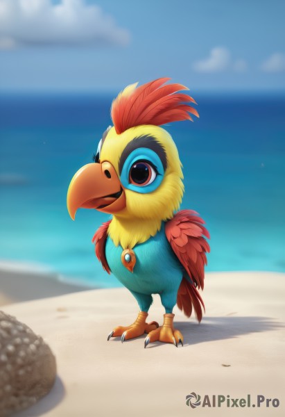 solo,looking at viewer,open mouth,brown eyes,jewelry,closed mouth,standing,full body,outdoors,wings,sky,day,cloud,water,necklace,blurry,black eyes,blue sky,pokemon (creature),no humans,blurry background,bird,ocean,beach,feathers,claws,sand,horizon,animal focus,talons,beak,gem,feathered wings,furry,chicken