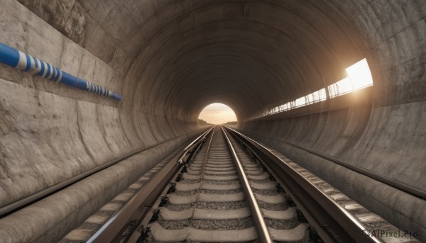 indoors,no humans,sunlight,scenery,light rays,stairs,light,hallway,ceiling light,industrial pipe,train station,railroad tracks,wooden floor,photo background,ceiling,still life