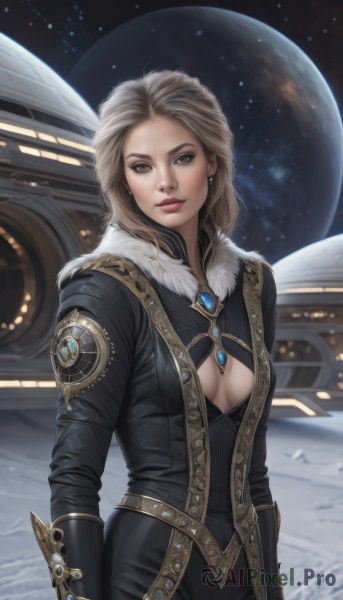 1girl,solo,long hair,breasts,looking at viewer,brown hair,gloves,cleavage,brown eyes,jewelry,medium breasts,standing,earrings,sky,lips,fur trim,clothing cutout,makeup,night,moon,cleavage cutout,brooch,gem,star (sky),realistic,nose,center opening,space,planet,earth (planet),blonde hair,small breasts,parted lips,artist name,medium hair,lipstick,fur collar