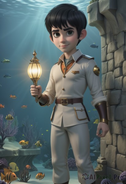 solo,looking at viewer,smile,black hair,1boy,brown eyes,jacket,male focus,boots,belt,pants,water,uniform,black eyes,military,military uniform,thick eyebrows,child,fish,lantern,underwater,realistic,male child,sunlight,epaulettes,bubble,fantasy,air bubble,medal,jellyfish,turtle,coral