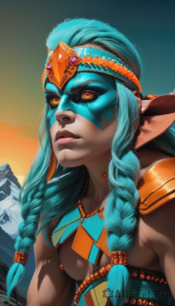 1girl,solo,long hair,breasts,looking at viewer,jewelry,blue hair,upper body,braid,small breasts,pointy ears,dark skin,necklace,twin braids,lips,orange eyes,aqua hair,tattoo,facial mark,nose,headdress,facepaint,bodypaint,tribal,native american,hair ornament,outdoors,parted lips,sky,artist name,armor,official alternate costume,dark-skinned female,makeup,mask,glowing,shoulder armor,glowing eyes,sunset,mountain