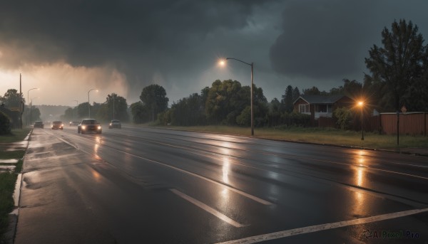 outdoors,sky,cloud,water,tree,no humans,night,cloudy sky,grass,ground vehicle,building,scenery,motor vehicle,reflection,sign,fence,car,light,road,bush,house,power lines,lamppost,street,puddle,sunset,evening