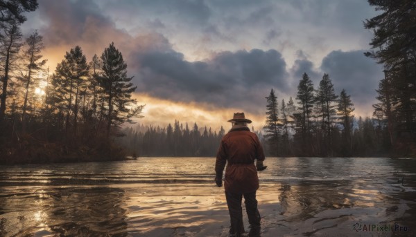 solo,gloves,1boy,hat,standing,jacket,male focus,outdoors,sky,pants,cloud,water,from behind,tree,coat,cloudy sky,nature,scenery,forest,reflection,sunset,lake,long sleeves,red jacket,brown jacket,mountain,facing away