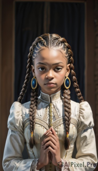 1girl,solo,long hair,breasts,looking at viewer,brown hair,black hair,long sleeves,dress,brown eyes,jewelry,closed mouth,upper body,braid,multicolored hair,earrings,puffy sleeves,dark skin,necklace,white dress,blurry,black eyes,twin braids,two-tone hair,dark-skinned female,lips,blurry background,own hands together,juliet sleeves,forehead,hoop earrings,realistic,nose,hair pulled back,multiple braids,hair ornament,parted lips,fingernails,lace trim,interlocked fingers,lace,straight-on,gold,lace-trimmed dress,dreadlocks,lace-trimmed sleeves