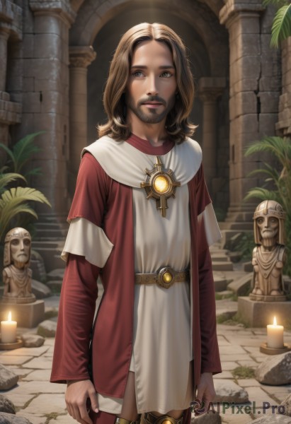 1girl,solo,looking at viewer,blue eyes,brown hair,long sleeves,1boy,brown eyes,jewelry,closed mouth,standing,male focus,belt,artist name,indoors,medium hair,necklace,lips,facial hair,cross,plant,red shirt,beard,robe,realistic,arms at sides,candle,pillar,statue,tunic,column,thighhighs,dress,earrings,grey eyes,watermark,stairs