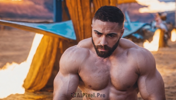 solo,looking at viewer,short hair,black hair,1boy,closed mouth,nipples,upper body,male focus,outdoors,blurry,muscular,blurry background,facial hair,scar,beach,abs,thick eyebrows,pectorals,muscular male,bara,beard,large pectorals,topless male,mature male,realistic,mustache,sand,manly,chest hair,arm hair,hairy,surfboard,nude,scar on face,meme,undercut,scar on arm