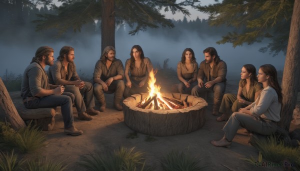 long hair,multiple girls,brown hair,shirt,black hair,sitting,jacket,boots,outdoors,food,multiple boys,barefoot,pants,hood,tree,night,facial hair,grass,fire,nature,beard,sleeves rolled up,forest,6+boys,mustache,cooking,log,campfire,smile,2girls,3girls,denim,4boys,animification,family