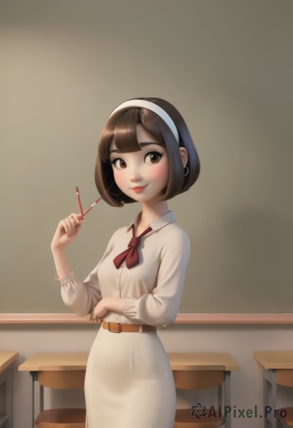 1girl,solo,looking at viewer,blush,smile,short hair,bangs,skirt,brown hair,shirt,long sleeves,dress,ribbon,holding,brown eyes,closed mouth,standing,white shirt,cowboy shot,hairband,small breasts,belt,indoors,white dress,red ribbon,lips,neck ribbon,chair,bob cut,desk,white hairband,classroom,brown belt,school desk,pencil,chalkboard,teacher,breasts,bow,jewelry,earrings,pocky