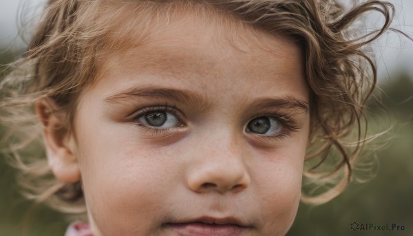 1girl,solo,looking at viewer,short hair,blonde hair,brown hair,closed mouth,blurry,black eyes,lips,grey eyes,eyelashes,depth of field,blurry background,wind,messy hair,portrait,close-up,realistic,nose,brown eyes,floating hair