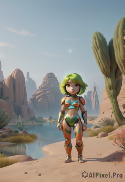 1girl,solo,breasts,smile,short hair,bangs,blue eyes,navel,standing,full body,boots,outdoors,green hair,sky,day,midriff,water,armor,tree,grass,rock,sun,greaves,bikini armor,leg armor,green eyes,small breasts,child,borrowed character