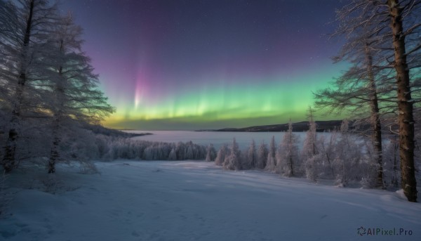 outdoors,sky,tree,no humans,night,star (sky),nature,night sky,scenery,snow,forest,starry sky,mountain,winter,bare tree,landscape,aurora,water