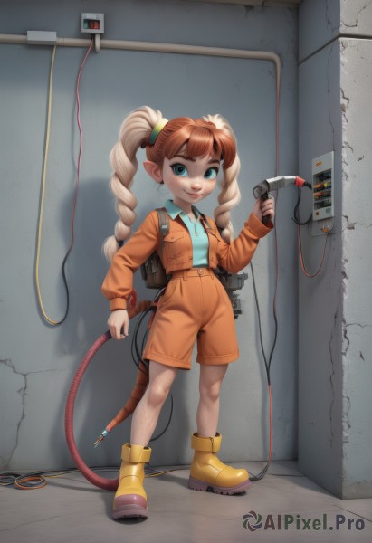 1girl,solo,long hair,looking at viewer,smile,bangs,blue eyes,brown hair,shirt,long sleeves,holding,twintails,standing,jacket,tail,full body,white hair,multicolored hair,boots,shorts,pointy ears,collared shirt,bag,two-tone hair,thick eyebrows,backpack,child,freckles,cable,yellow footwear,jumpsuit,orange jacket,orange footwear,wire,orange shorts,short jumpsuit,orange pants,hair ornament,white shirt,braid,pantyhose,open clothes,belt,vest,open jacket,lips,drill hair,cropped jacket,female child,brown shorts