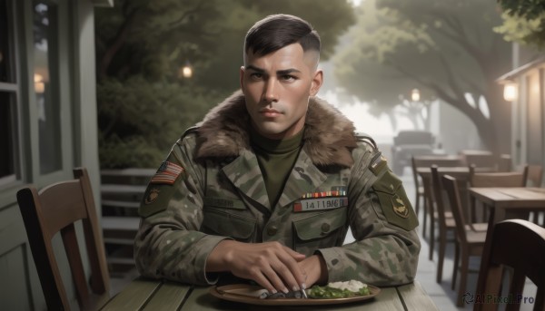 solo,short hair,shirt,black hair,long sleeves,1boy,brown eyes,sitting,jacket,upper body,male focus,outdoors,food,uniform,black eyes,tree,fur trim,military,military uniform,chair,table,plate,green jacket,realistic,camouflage,rice,curry,restaurant,patch,camouflage jacket,looking at viewer,closed mouth,day,blurry,lips,black shirt,night,blurry background,hood down,knife,fur collar,brown jacket,grey jacket,fur-trimmed jacket,lamp,bench,undercut,lamppost,american flag,wooden chair