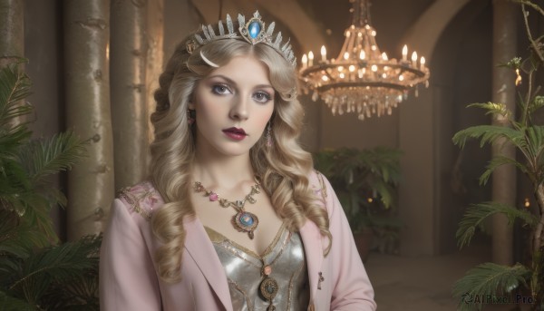 1girl,solo,long hair,breasts,looking at viewer,blue eyes,blonde hair,dress,cleavage,jewelry,collarbone,jacket,upper body,earrings,parted lips,indoors,necklace,lips,looking to the side,grey eyes,makeup,drill hair,tiara,crown,plant,lipstick,gem,curly hair,realistic,red lips,pink jacket,ringlets,chandelier,small breasts