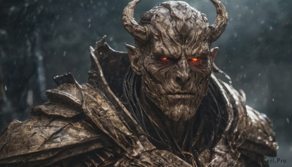 solo,looking at viewer,red eyes,1boy,closed mouth,upper body,male focus,horns,pointy ears,armor,orange eyes,glowing,helmet,shoulder armor,portrait,glowing eyes,pauldrons,snowing,full armor,horned helmet,outdoors,teeth,colored skin,colored sclera,black sclera,demon