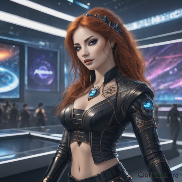 1girl,solo,long hair,breasts,looking at viewer,blue eyes,brown hair,long sleeves,navel,cleavage,jewelry,medium breasts,red hair,earrings,parted lips,multiple boys,solo focus,midriff,belt,necklace,orange hair,blurry,lips,crop top,grey eyes,tattoo,makeup,blurry background,lipstick,cropped jacket,science fiction,realistic,nose,red lips,large breasts,jacket,hairband,pants,stomach,mole,wavy hair,black pants,pendant,freckles,leather