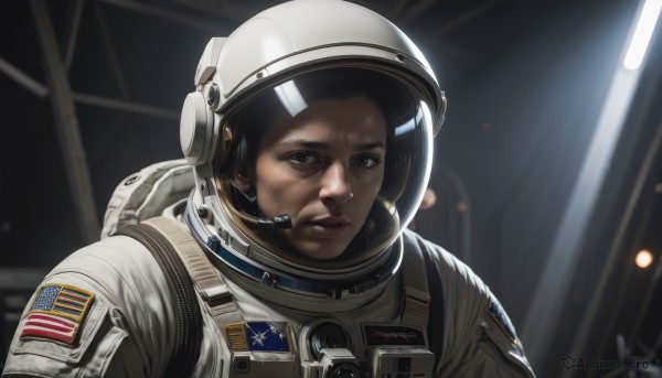 solo,looking at viewer,black hair,1boy,brown eyes,closed mouth,upper body,male focus,blurry,black eyes,lips,blurry background,helmet,science fiction,realistic,american flag,spacesuit,astronaut,1girl,portrait,microphone,headset,serious,space,planet,japanese flag,space helmet,united states