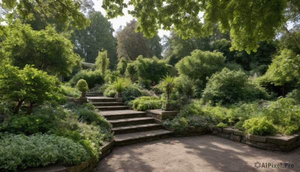 outdoors,day,tree,no humans,sunlight,grass,plant,nature,scenery,forest,stairs,road,bush,dappled sunlight,path,sky,blue sky,shadow,traditional media,foliage