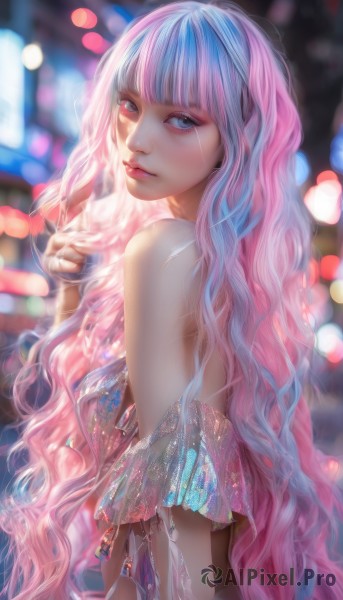 1girl,solo,long hair,looking at viewer,bangs,blue eyes,bare shoulders,jewelry,very long hair,blue hair,upper body,pink hair,multicolored hair,parted lips,blunt bangs,blurry,from side,two-tone hair,lips,looking to the side,eyelashes,makeup,depth of field,blurry background,wavy hair,realistic,nose,bokeh,breasts,dress,closed mouth,looking back,artist name,watermark,web address