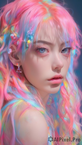 1girl,solo,long hair,looking at viewer,bangs,blue eyes,hair ornament,bare shoulders,jewelry,upper body,pink hair,flower,multicolored hair,earrings,parted lips,hair flower,from side,lips,eyelashes,makeup,scar,portrait,eyeshadow,realistic,nose,red lips,colorful,mascara,simple background,closed mouth,grey eyes,gradient hair,watermark,blue background,wavy hair,gem,scar on face,pink lips,rainbow hair