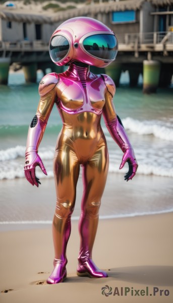 1girl,solo,breasts,medium breasts,standing,full body,armor,blurry,bodysuit,covered navel,blurry background,helmet,skin tight,science fiction,shiny clothes,open hands,pink bodysuit,spacesuit,space helmet,astronaut,beach,sand,latex