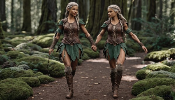 long hair,smile,multiple girls,skirt,brown hair,2girls,braid,white hair,boots,outdoors,dark skin,armor,blurry,looking at another,dark-skinned female,tree,lips,single braid,headband,holding hands,siblings,brown footwear,knee boots,sisters,elf,shoulder armor,nature,forest,walking,pauldrons,breastplate,realistic,road,bracer,stick,princess zelda,blue eyes,blonde hair,pointy ears,crossover,armored dress,shoulder pads,time paradox