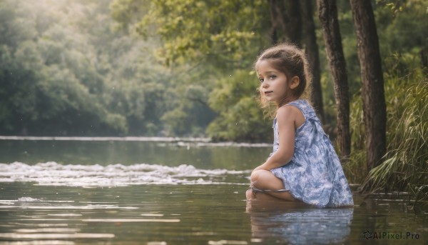 1girl,solo,looking at viewer,short hair,brown hair,dress,brown eyes,sitting,outdoors,barefoot,sleeveless,day,artist name,signature,water,white dress,blurry,tree,lips,sleeveless dress,child,nature,scenery,forest,reflection,realistic,female child,river,lake,smile,looking to the side,sunlight,squatting