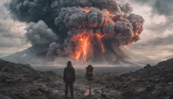 1girl, 1boy, outdoors, sky, cloud, hood, bag, from behind, backpack, cloudy sky, fire, scenery, smoke