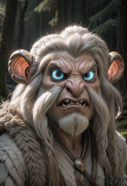 solo,long hair,looking at viewer,open mouth,blue eyes,1boy,upper body,braid,white hair,male focus,outdoors,horns,teeth,blurry,tree,fur trim,facial hair,fangs,sharp teeth,portrait,nature,beard,forest,realistic,mustache,old,sheep horns,old man,fur,jewelry,artist name,necklace