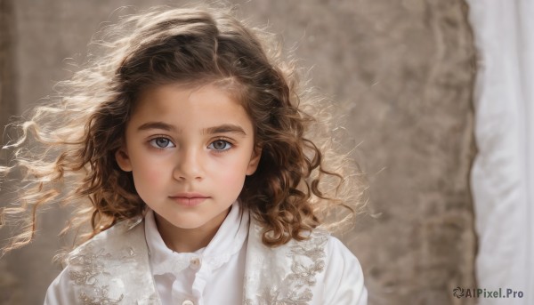 1girl,solo,long hair,looking at viewer,blue eyes,brown hair,shirt,closed mouth,white shirt,upper body,collared shirt,blurry,lips,grey eyes,blurry background,wavy hair,expressionless,messy hair,portrait,curly hair,realistic,nose,brown eyes,eyelashes,floating hair,depth of field,thick eyebrows,wind