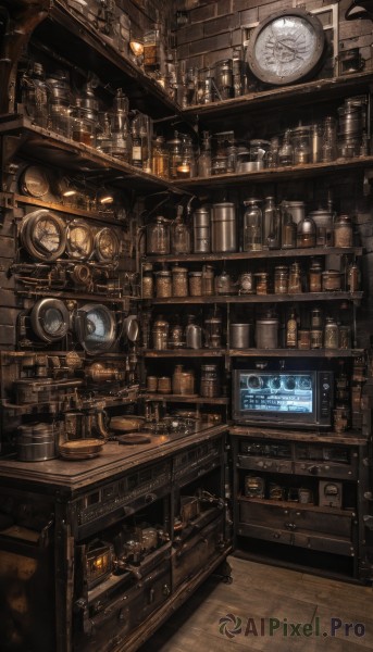 indoors,cup,book,no humans,bottle,scenery,drinking glass,wooden floor,clock,bookshelf,stool,shelf,gears,jar,bar (place),counter,barrel,loaded interior,fantasy,brick wall,cabinet,stove