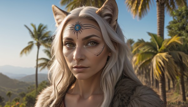 1girl,solo,long hair,looking at viewer,smile,animal ears,brown eyes,jewelry,closed mouth,collarbone,yellow eyes,white hair,outdoors,sky,day,artist name,cat ears,blurry,tree,blue sky,lips,fur trim,depth of field,blurry background,facial mark,slit pupils,portrait,freckles,circlet,forehead mark,realistic,nose,palm tree,fur,earrings,wavy hair,nature,extra ears,close-up