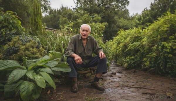 solo,looking at viewer,shirt,long sleeves,1boy,sitting,white hair,male focus,boots,outdoors,day,pants,tree,facial hair,leaf,scar,brown footwear,black pants,plant,nature,scenery,grey shirt,beard,forest,mustache,bald,manly,hand on own knee,old,old man,photo background,japanese clothes,sky,kimono,scar on face,realistic,grey kimono