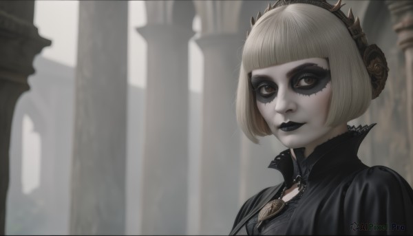 1girl,solo,looking at viewer,smile,short hair,bangs,blonde hair,dress,brown eyes,jewelry,closed mouth,upper body,blunt bangs,blurry,black dress,lips,eyelashes,makeup,blurry background,colored skin,bob cut,lipstick,pale skin,portrait,red lips,grey skin,pillar,gothic,black lips,hairband,mask,high collar