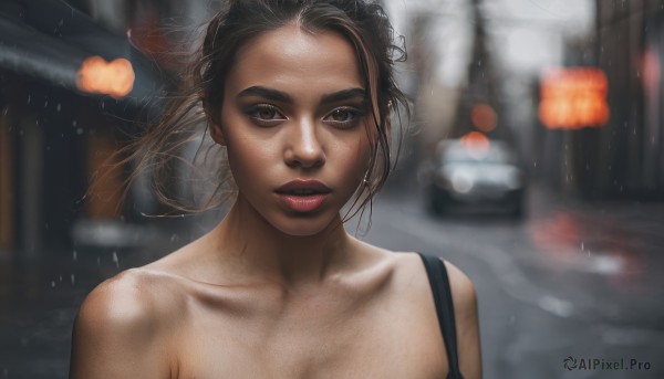 1girl,solo,long hair,looking at viewer,brown hair,black hair,bare shoulders,brown eyes,closed mouth,collarbone,upper body,outdoors,blurry,lips,makeup,floating hair,depth of field,blurry background,ground vehicle,wind,motor vehicle,freckles,rain,realistic,red lips,car,road,street,short hair,jewelry,earrings,parted lips,teeth,lipstick,portrait,forehead,eyeshadow