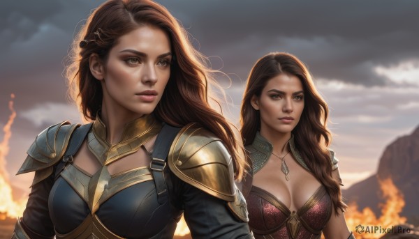 long hair,breasts,multiple girls,large breasts,brown hair,hair ornament,2girls,cleavage,brown eyes,jewelry,medium breasts,upper body,outdoors,sky,cloud,necklace,armor,blurry,lips,looking to the side,blurry background,cloudy sky,fire,shoulder armor,pauldrons,mountain,realistic,nose,looking at viewer,closed mouth,parted lips,sunlight,forehead,pendant,serious,breastplate