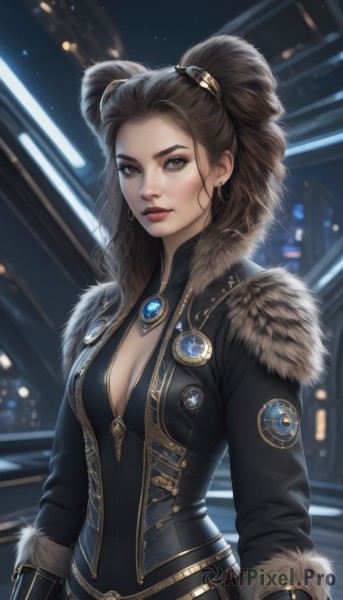 1girl,solo,long hair,breasts,looking at viewer,brown hair,black hair,gloves,long sleeves,cleavage,twintails,brown eyes,jewelry,medium breasts,closed mouth,standing,jacket,upper body,earrings,open clothes,black gloves,belt,artist name,necklace,hair bun,blurry,lips,coat,fur trim,eyelashes,double bun,makeup,night,blurry background,brooch,gem,realistic,nose,black jacket,bodysuit,lipstick,forehead,backlighting,curly hair,red lips