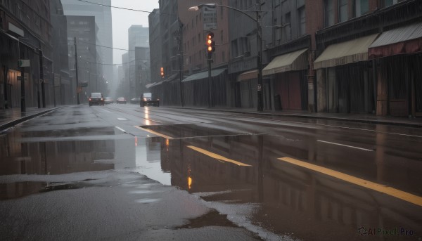 outdoors,sky,day,no humans,window,ground vehicle,building,scenery,motor vehicle,reflection,city,sign,car,road,cityscape,power lines,lamppost,street,skyscraper,utility pole,road sign,grey sky,traffic light,crosswalk,sidewalk,cloud,cloudy sky,snow,rain,winter,puddle