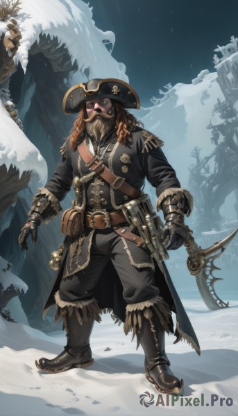 solo,long hair,brown hair,gloves,1boy,hat,holding,jewelry,standing,full body,weapon,male focus,boots,outdoors,solo focus,black gloves,belt,pants,sword,black footwear,holding weapon,coat,gun,fur trim,black headwear,mask,facial hair,black pants,knife,sheath,beard,snow,skull,pouch,snowing,dagger,axe,pirate hat,gas mask,pirate,tricorne,long sleeves,jacket,black jacket,goggles,holding gun,1other,bow (weapon),arrow (projectile)