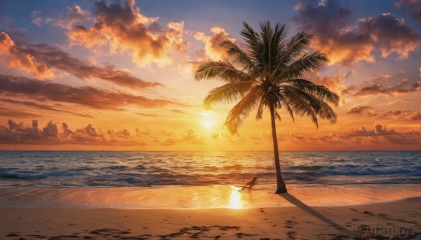 outdoors, sky, cloud, water, tree, dutch angle, no humans, shadow, ocean, beach, cloudy sky, scenery, sunset, sand, palm tree, sun, horizon, silhouette, shore