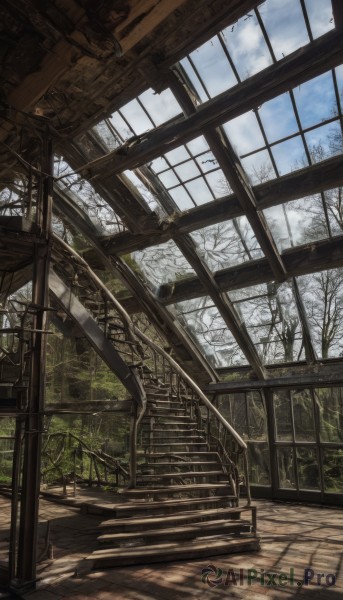 outdoors,sky,day,cloud,indoors,tree,blue sky,dutch angle,no humans,window,sunlight,cloudy sky,plant,building,scenery,stairs,railing,ruins,bare tree,railroad tracks,signature,overgrown