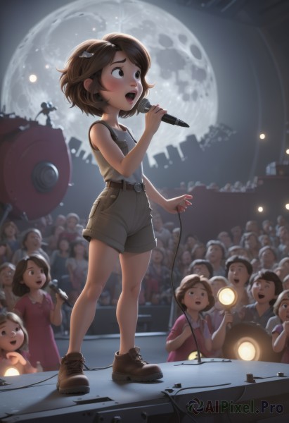 blush,smile,short hair,open mouth,multiple girls,brown hair,shirt,hair ornament,dress,holding,bare shoulders,brown eyes,standing,full body,:d,boots,multiple boys,shoes,shorts,teeth,sleeveless,solo focus,hairclip,belt,bare arms,sleeveless shirt,night,6+girls,upper teeth only,brown footwear,moon,suspenders,tank top,child,microphone,full moon,6+boys,music,female child,overalls,cable,holding microphone,singing,multiple others,crowd,stage,spotlight,6+others,concert,audience,white shirt,short shorts,looking up,instrument,night sky,lights,stage lights,people