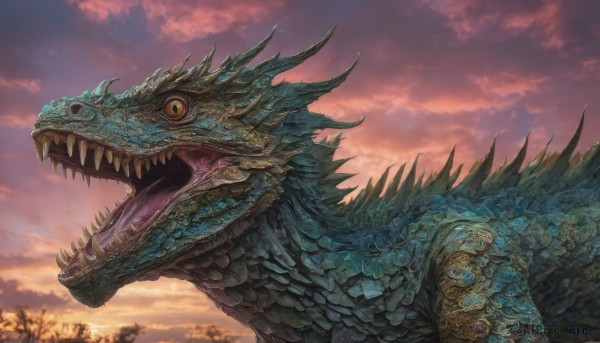 solo,open mouth,yellow eyes,outdoors,horns,sky,teeth,tongue,cloud,from side,tree,orange eyes,no humans,fangs,cloudy sky,sharp teeth,slit pupils,sunset,monster,dragon,scales,nature,spikes,forest,twilight,orange sky,red sky