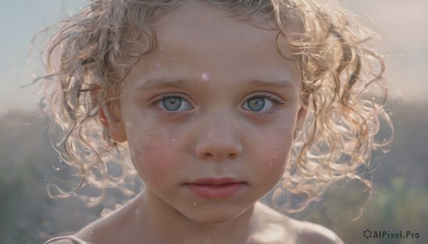 1girl,solo,looking at viewer,short hair,blue eyes,blonde hair,closed mouth,outdoors,blurry,lips,grey eyes,depth of field,blurry background,wavy hair,expressionless,messy hair,portrait,close-up,freckles,curly hair,realistic,nose,eyelashes,floating hair,sunlight,wind