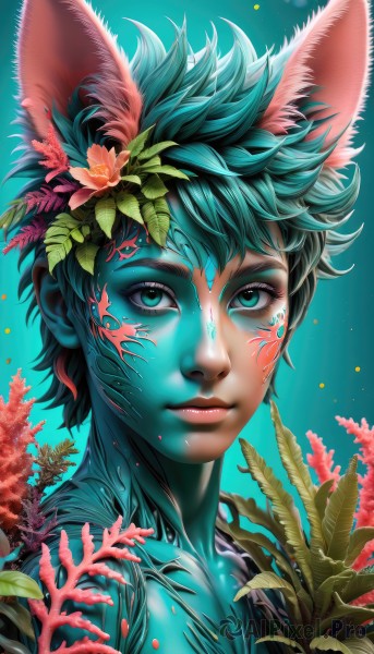 solo,looking at viewer,short hair,simple background,hair ornament,1boy,animal ears,closed mouth,green eyes,upper body,flower,male focus,green hair,artist name,cat ears,hair flower,aqua eyes,lips,fox ears,eyelashes,makeup,colored skin,leaf,blue background,facial mark,plant,portrait,pink flower,nose,blue skin,facepaint,aqua background,blue eyes,watermark,web address,realistic,green skin,monster boy