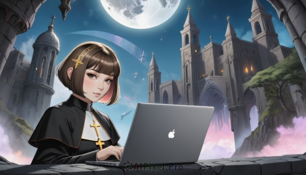 1girl,solo,looking at viewer,blush,short hair,bangs,brown hair,black hair,hair ornament,long sleeves,dress,brown eyes,jewelry,closed mouth,upper body,pink hair,multicolored hair,hairband,outdoors,sky,cloud,blunt bangs,necklace,black dress,lips,capelet,night,bird,moon,bob cut,cross,building,star (sky),night sky,full moon,starry sky,nun,computer,cross necklace,black capelet,castle,laptop,latin cross,smile,tree,nose