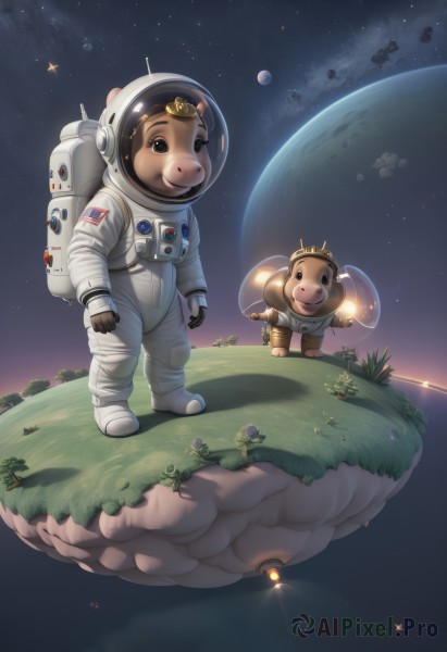 looking at viewer,smile,brown eyes,standing,multiple boys,sky,2boys,star (symbol),tree,moon,helmet,grass,crown,star (sky),starry sky,science fiction,space,planet,earth (planet),spacecraft,spacesuit,space helmet,astronaut,brown hair,gloves,flower,male focus,realistic,hamster