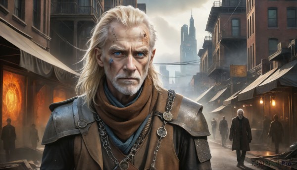 HQ,long hair,looking at viewer,blue eyes,blonde hair,1boy,jewelry,closed mouth,standing,upper body,white hair,male focus,outdoors,multiple boys,sky,solo focus,cloud,necklace,scarf,armor,coat,facial hair,scar,facial mark,cloudy sky,shoulder armor,building,beard,scar on face,walking,6+boys,pauldrons,city,realistic,fantasy,mustache,scar across eye,bald,shoulder pads,old,old man,crowd,banner,lips,chain,scenery