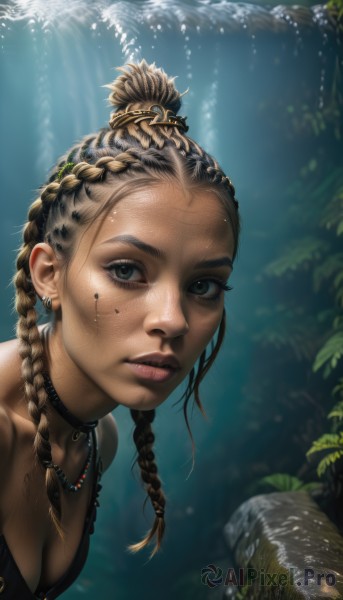 1girl,solo,long hair,breasts,looking at viewer,brown hair,hair ornament,cleavage,bare shoulders,jewelry,medium breasts,green eyes,upper body,braid,earrings,parted lips,teeth,choker,dark skin,water,necklace,mole,twin braids,dark-skinned female,lips,wet,grey eyes,eyelashes,piercing,portrait,forehead,freckles,realistic,nose,waterfall,blue eyes,blonde hair,dress,facial mark,sunlight,ear piercing,facepaint,dreadlocks