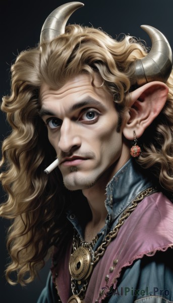 solo,long hair,looking at viewer,blue eyes,blonde hair,simple background,1boy,jewelry,upper body,male focus,earrings,horns,pointy ears,necklace,lips,facial hair,black background,portrait,beard,curly hair,cigarette,realistic,nose,smoking,brown hair,animal ears,wavy hair,mustache